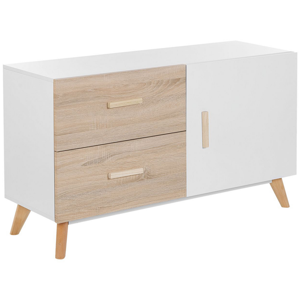 foto del prodotto credenza bianca e legno chiaro mdf 2 cassetti scaffali armadio gambe in legno portaoggetti soggiorno