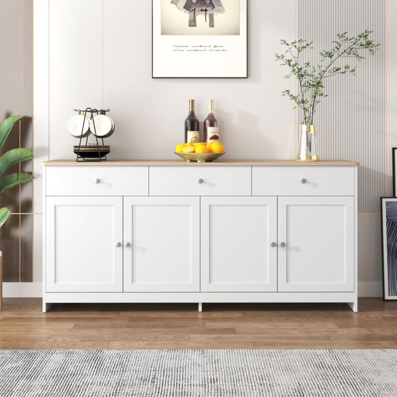 foto del prodotto credenza bianca e legno, credenza soggiorno con 4 ante e 3 cassetti in legno, 160x37x75 cm