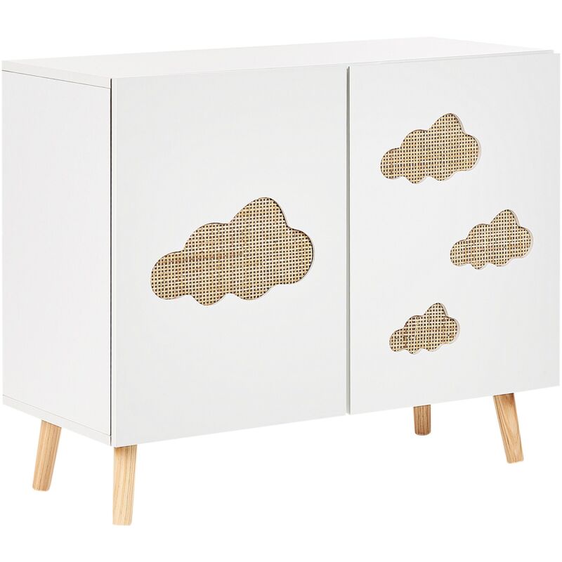 foto del prodotto credenza bianca in mdf con gambe in legno di pino e motivo di nuvole camera dei ragazzi