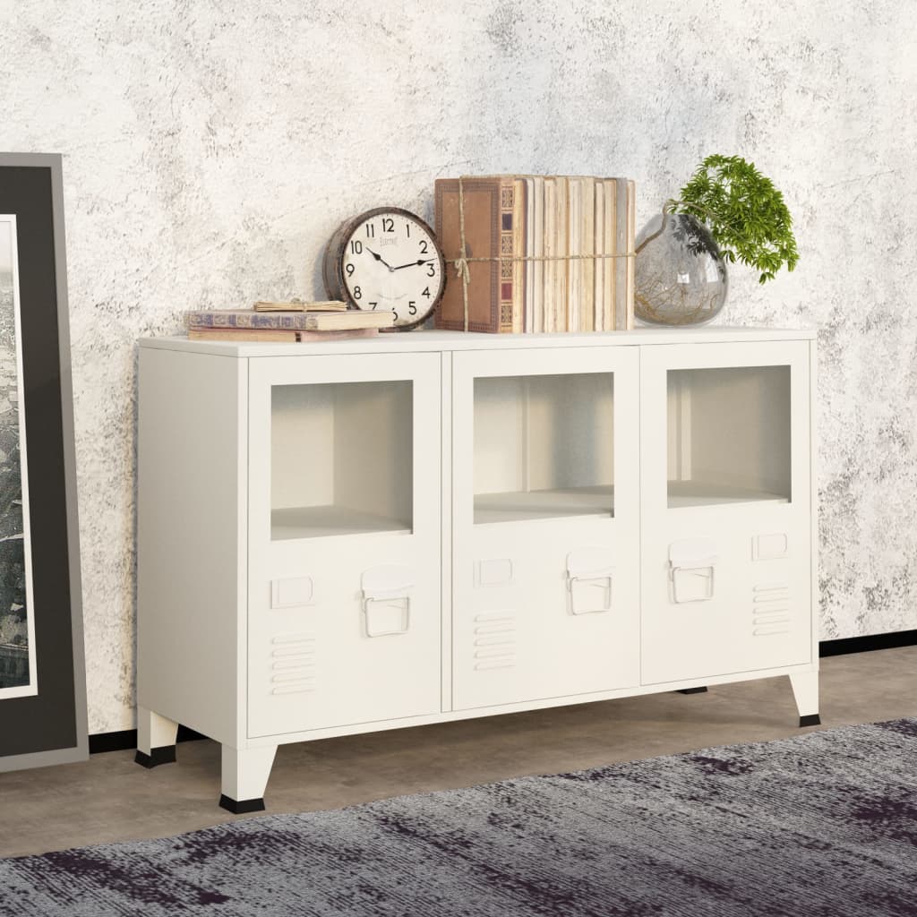 foto del prodotto credenza bianca industriale 105x35x62 cm in metallo e vetro cod mxl 24413