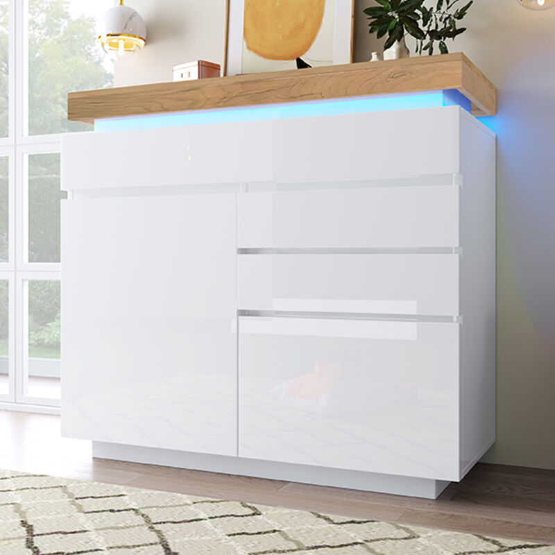 foto del prodotto credenza bianca lucida con 3 cassetti e 2 ante, credenza da soggiorno con illuminazione a led, per soggiorno e camera da letto, 115 x 110 x 39 cm