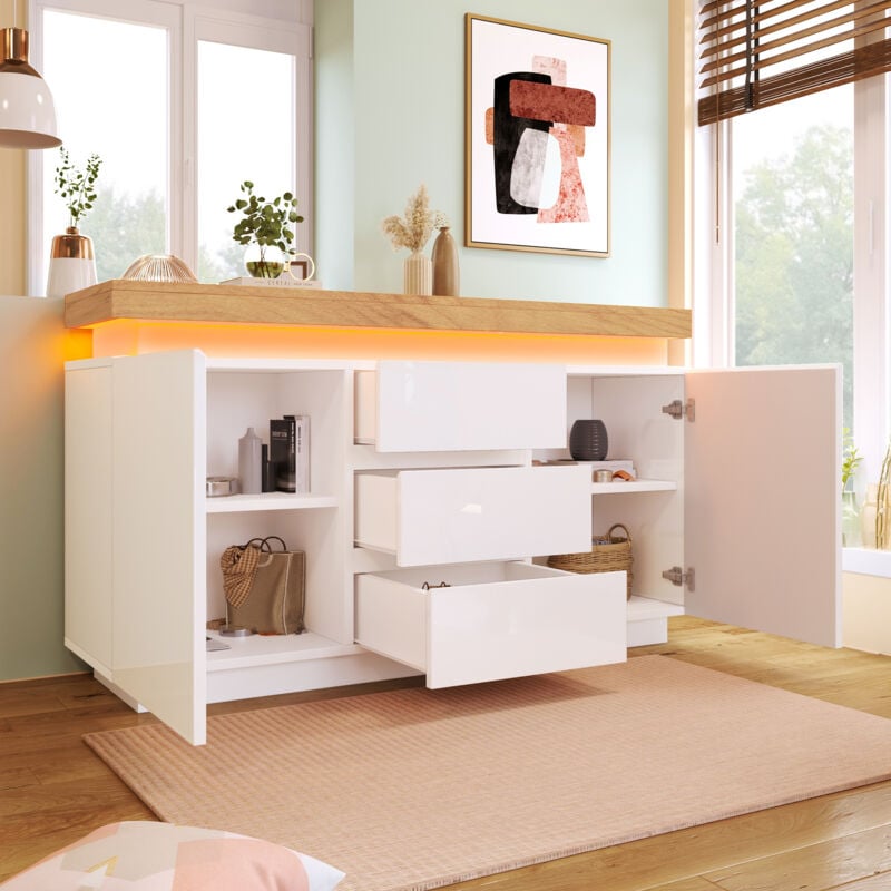 foto del prodotto credenza bianca lucida con 3 cassetti e 2 ante, credenza da soggiorno con illuminazione a led, per soggiorno e camera da letto, 81 x 140 x 39 cm