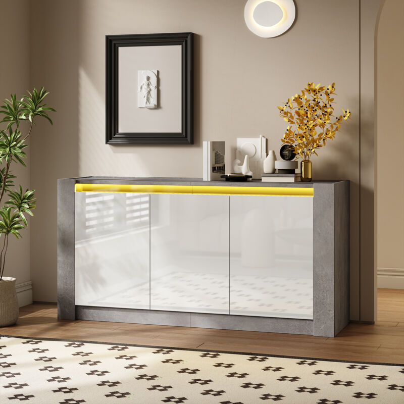 foto del prodotto credenza bianca lucida con led, design senza maniglie, ripiani regolabili, 150 l x 40 p x 75 a cm