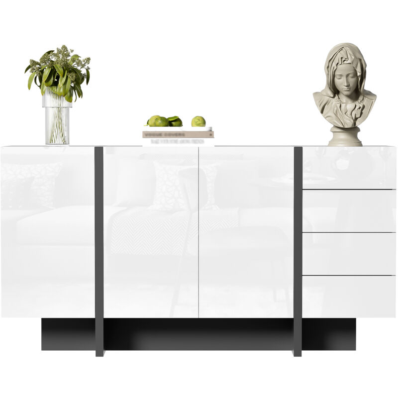 foto del prodotto credenza bianca lucida, credenza moderna e semplice con 2 ante e 4 cassetti, facile da pulire, ideale per il soggiorno o la sala da pranzo
