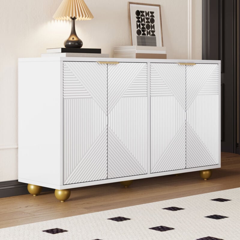 foto del prodotto credenza bianca moderna con quattro ante sagomate, ripiani regolabili, maniglie in metallo e piedini sferici, 120 l x 35 p x 71,5 a cm