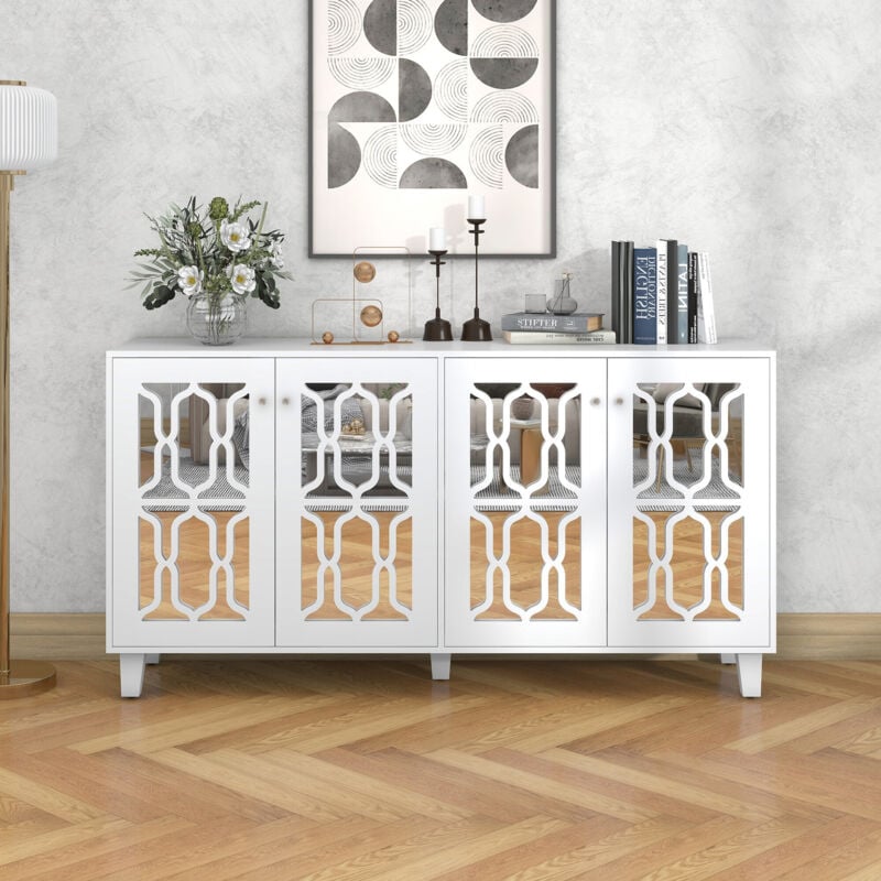 foto del prodotto credenza bianca specchiata con maniglie in cristallo freddo, quattro ante, con laminato mobile, per soggiorno e sala da pranzo, 160 x 40 x 84 cm