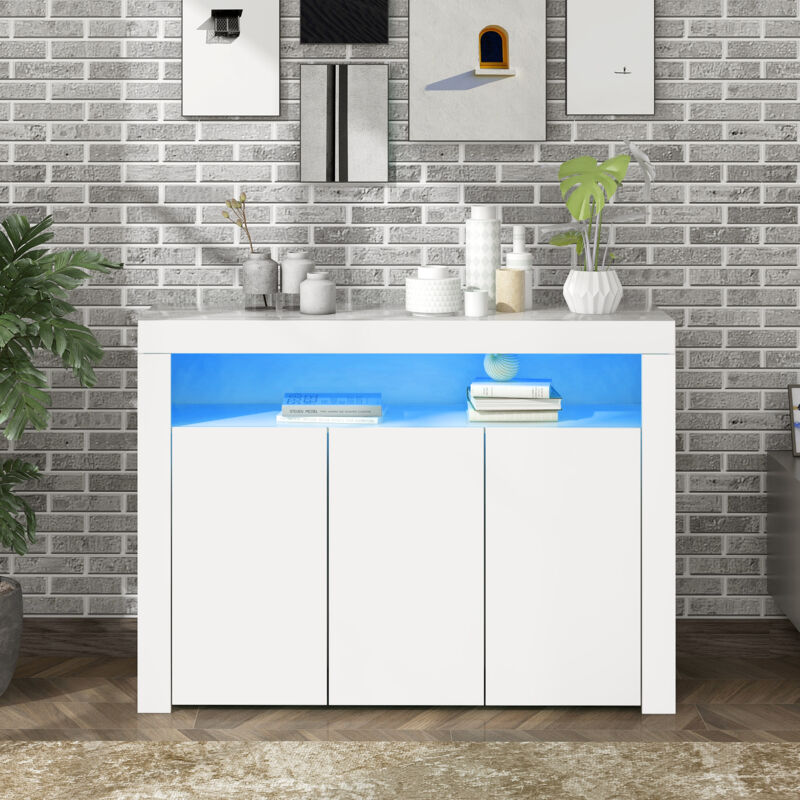 foto del prodotto credenza bianco lucido, credenza soggiorno, credenza cucina, credenza led 3 ante, telecomando, 130x35x95 cm