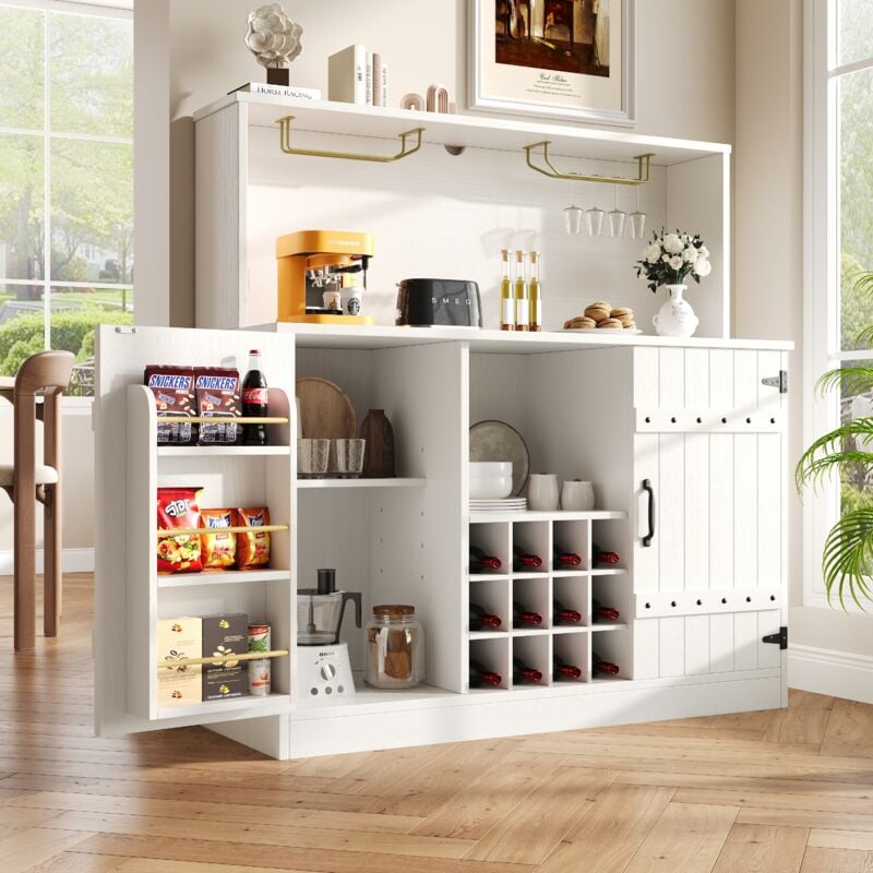 foto del prodotto credenza buffet 119,4x40x120cm2 ante con portabottiglie, mobile da cucina, vano portaoggetti aperto, multifunzionale, mdf metallo, bianco