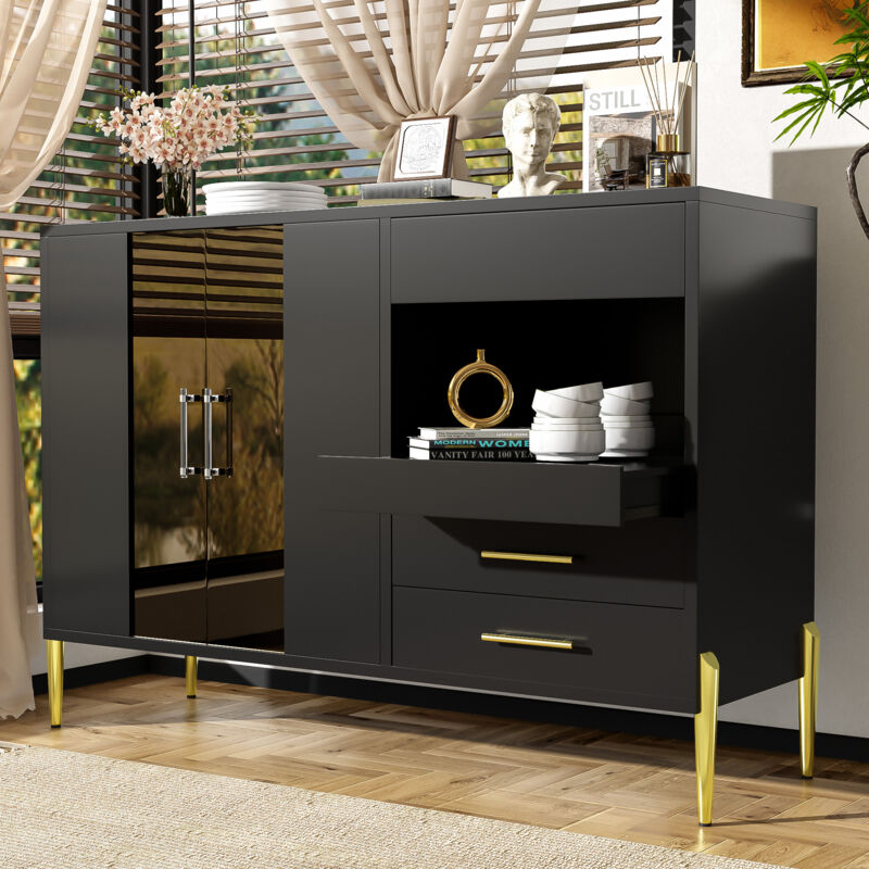 foto del prodotto credenza buffet 120x39,5x84cm con 3 cassetti e 2 ante, maniglie e gambe dorate, mdf vetro metallo, nero