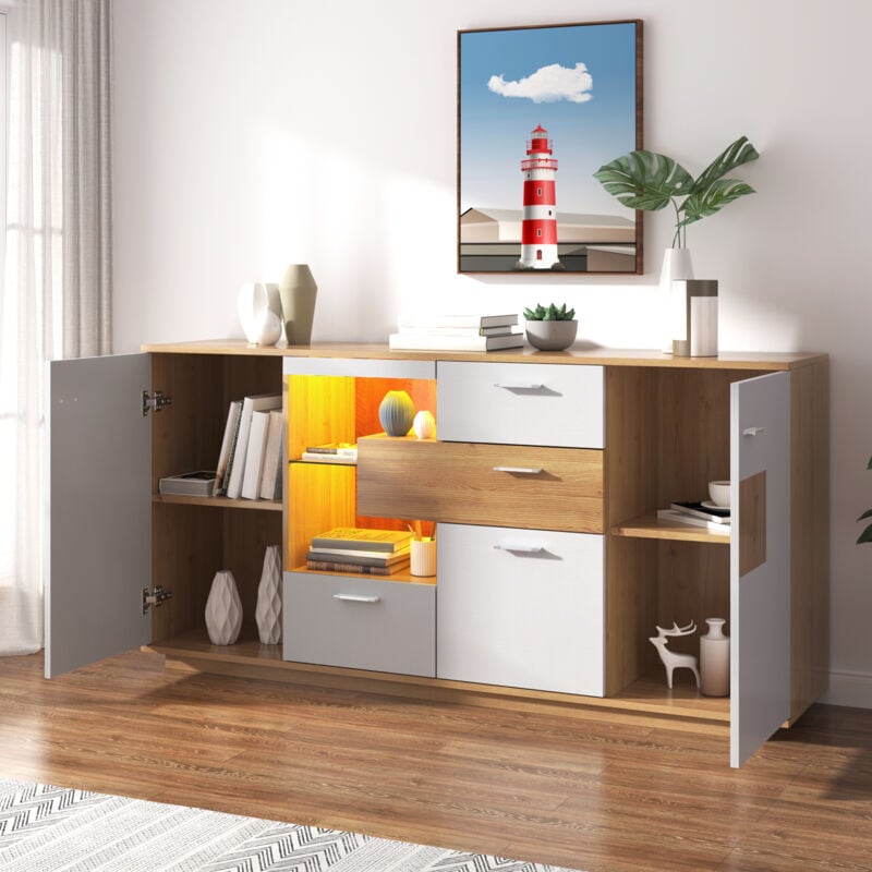 foto del prodotto credenza buffet 160x40x77cm con 2 ante e 4 cassetti, mobiletto, mobile da cucina, mdf vetro, colore bianco naturale