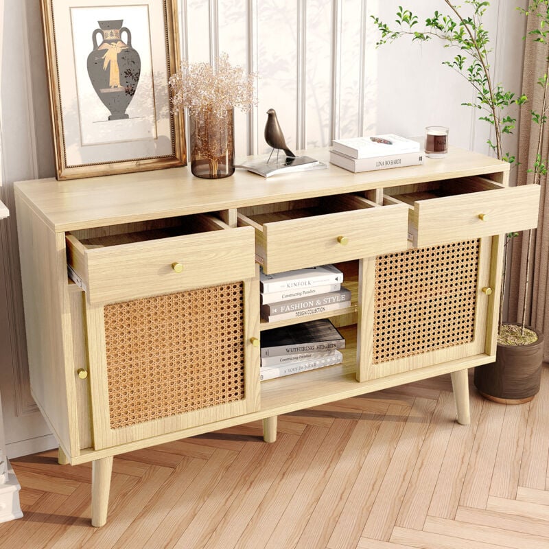 foto del prodotto credenza, buffet e madie 120x40x78cm con 3 cassetti e 3 ante, design rattan, ripiani regolabili, maniglie in metallo dorato, mdf, colore rovere