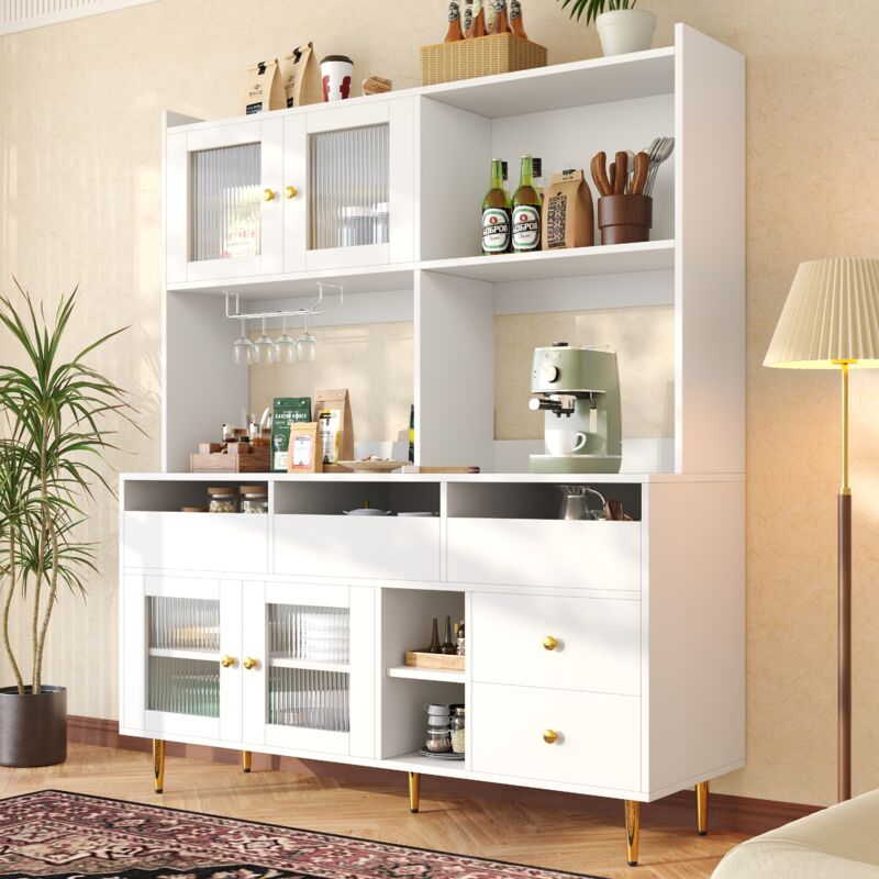 foto del prodotto credenza, buffet e madie 145x39x171cm con 5 cassetti, cassettiera, mobile alto, mobile cucina, rotazione a 360 , porta calici, maniglie e gambe