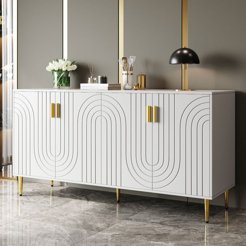 foto del prodotto credenza, buffet e madie 152x40x75cm con 4 ante, mobile da cucina, maniglie e gambe dorate, design linee ondulate, mdf, bianco