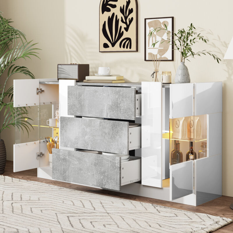foto del prodotto credenza, buffet e madie140x35x75cm con 3 cassetti 2 ante, cassettiera, mobile cucina, led, soggiorno camera da letto, mdf e vetro, bianco e grigio