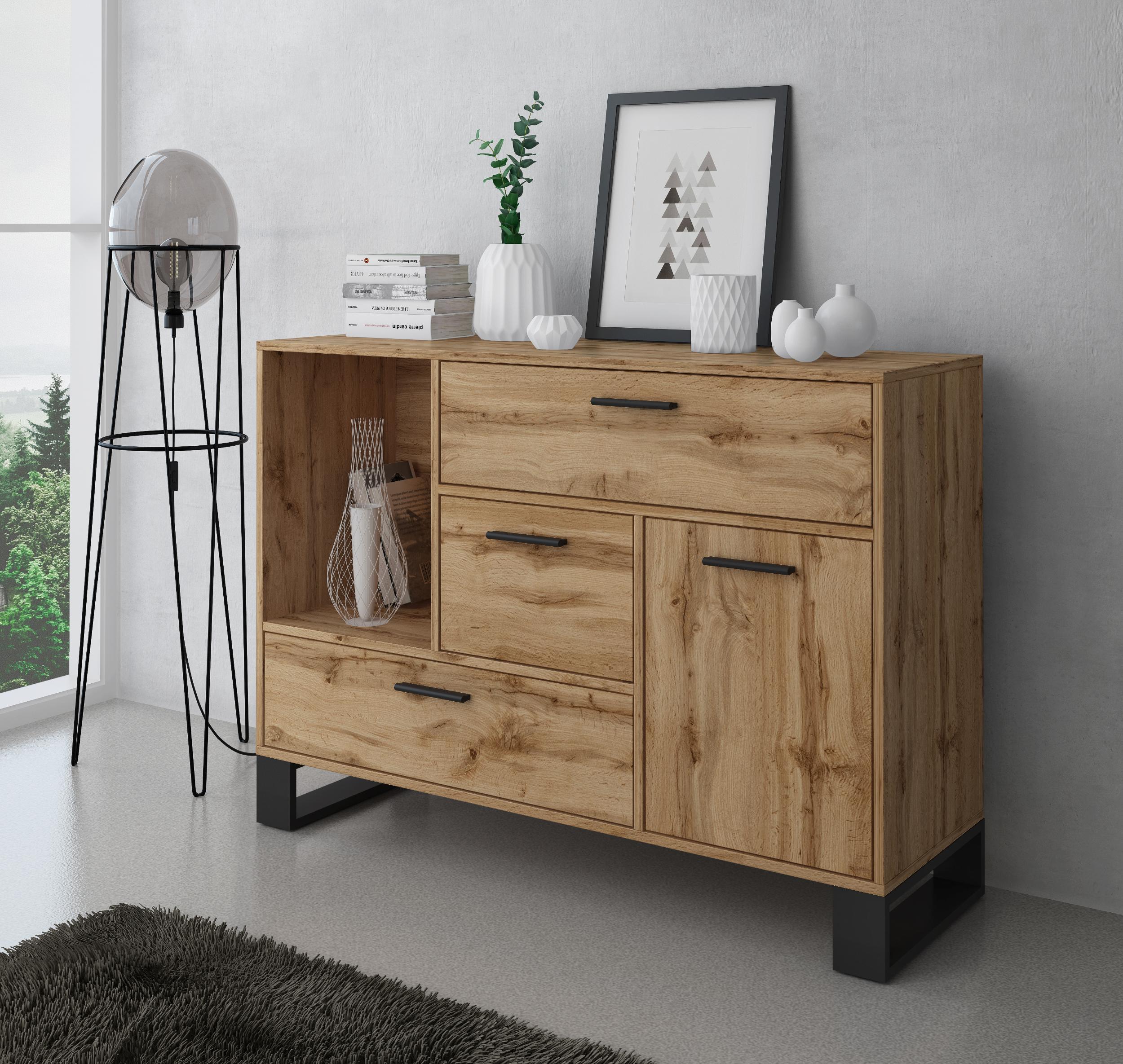 foto del prodotto credenza buffet e sala da pranzo 120x40x86cm con 1 porta, 3 cassetti, tutti in colore rovere rustico modello loft rf655