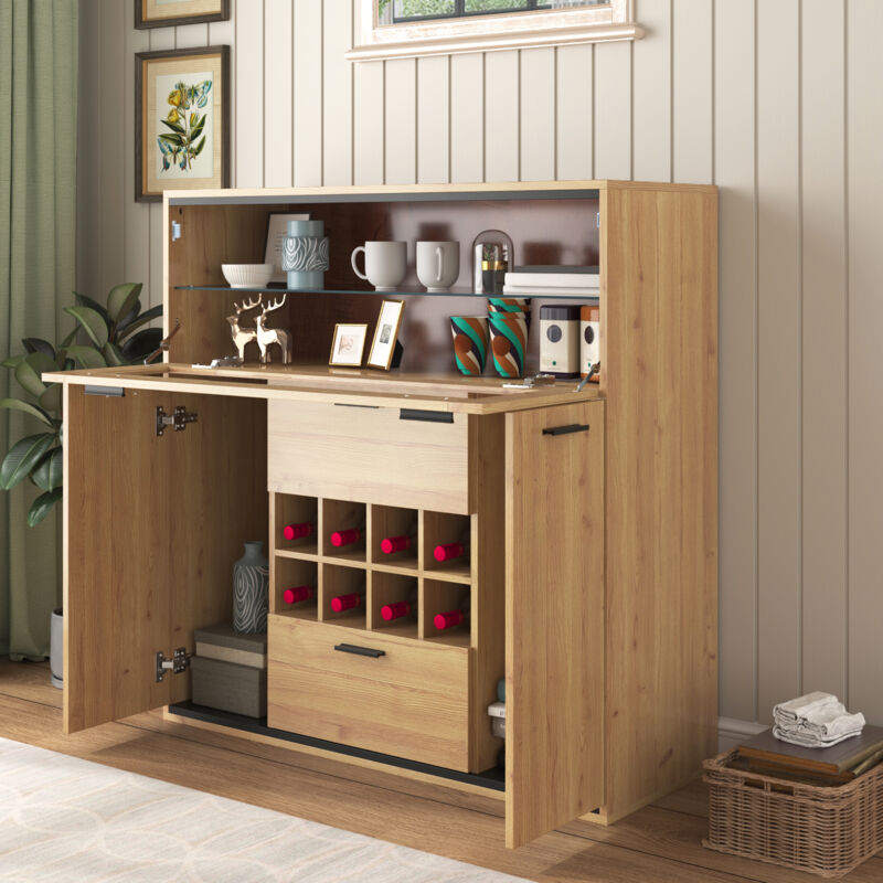 foto del prodotto credenza buffet madie 110x38x111cm con 2 cassetti 3 ante, cassettiera, mobile cucina, ripiano in vetro, con portabottiglie, pannello truciolare,