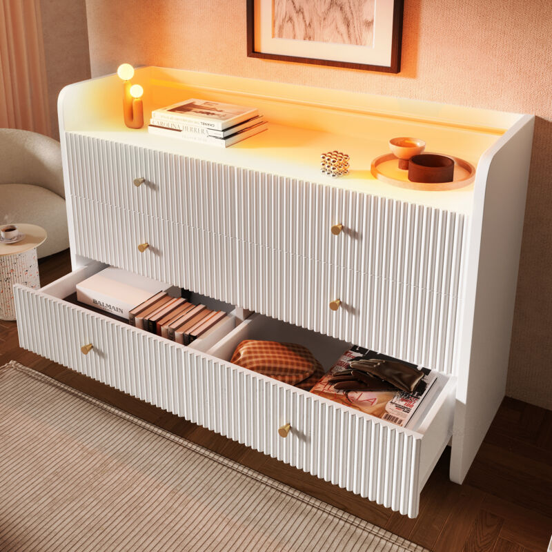 foto del prodotto credenza buffet madie 120x40x75cm con 6 cassetti, cassettiera, mobile cucina, led, pannello truciolare, bianco