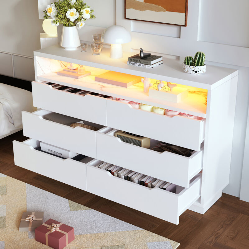 foto del prodotto credenza buffet madie 120x40x85cm con 6 cassetti, cassettiera, mobile cucina, led, pannello truciolare, bianco