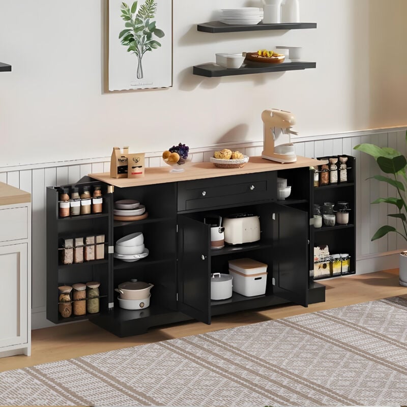foto del prodotto credenza buffet madie 138x40x85cm mobile da cucina, cassettiera con 1 cassetto 4 ante, ripiani regolabili, multifunzionale, mdf, nero naturale