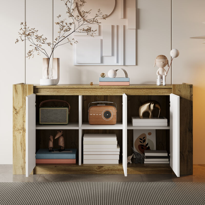 foto del prodotto credenza buffet madie 150x40x70,5cm con 3 ante, mobile cucina, senza maniglie, ripiani regolabili, led, pannello truciolare, bianco naturale