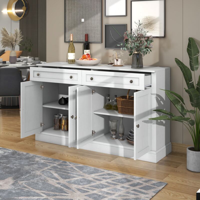 foto del prodotto credenza buffet madie 150x40x86cm cassettiera, 2 cassetti 4 ante, mobile cucina, pannello truciolare, bianco