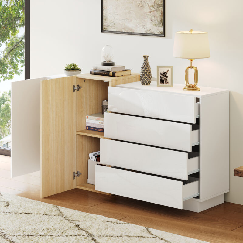 foto del prodotto credenza buffet madie 160x37x75cm 4 cassetti 2 ante, cassettiera, mobile cucina, mdf, bianco naturale