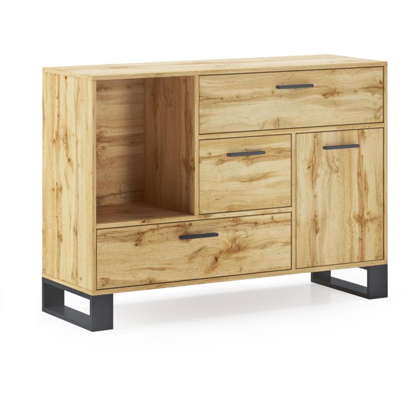 foto del prodotto credenza buffet sala da pranzo, arredamento ausiliario buffet loft 1 porta, 3 cassetti, tutti in colore rovere rustico. misure 120x40x86cm. skraut