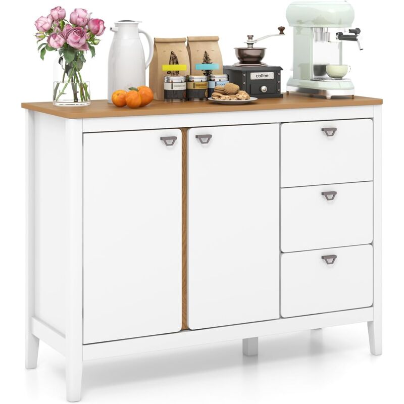 foto del prodotto credenza buffett da cucina con armadietto a 2 ante con ripiano regolabile su 3 livelli, mobile da sala pranzo con 3 cassetti, credenza salvaspazio