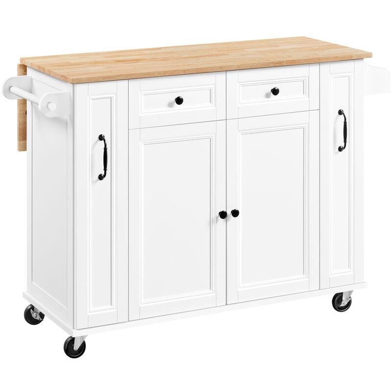 foto del prodotto credenza carrello cucina bianca moderna con 4 cassetti ruote e armadietto a 2 ante con ripiano regolabile mobile cucina legno piano di lavoro
