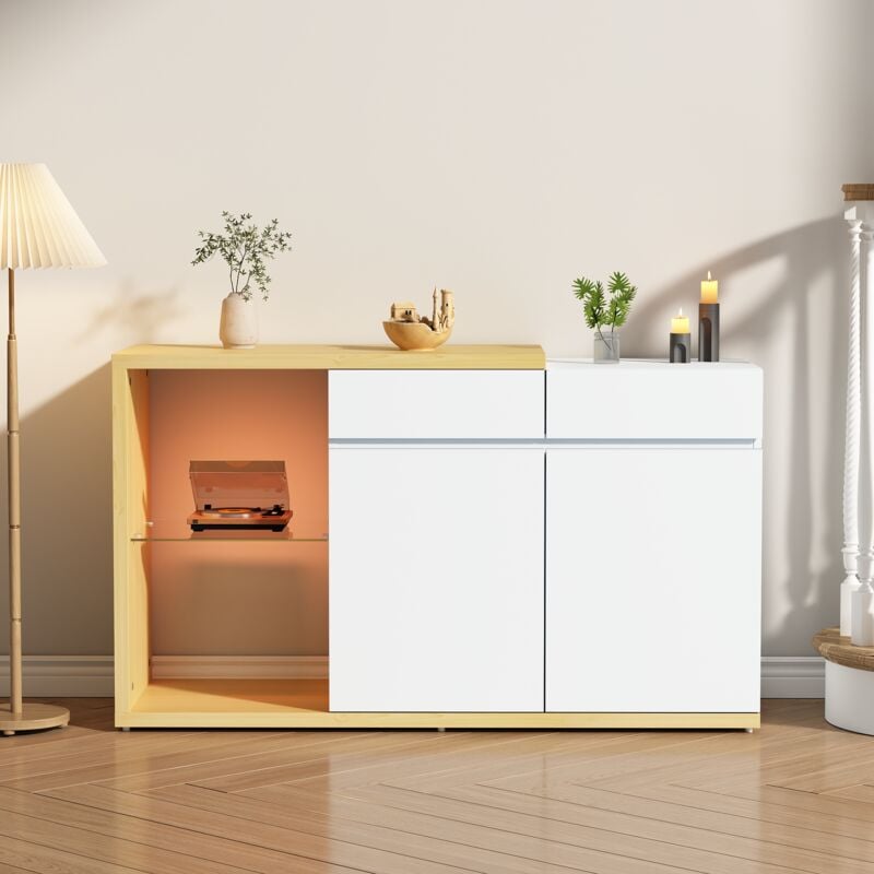 foto del prodotto credenza cassettiera buffet 120 cm, con illuminazione led, multifunzionale, 2 porte, 2 cassetti, bianco