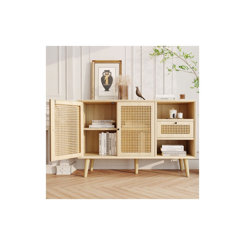 foto del prodotto credenza, cassettiera con 1 cassetto e 2 ante magnetiche, intreccio in rattan sui frontali delle ante, gambe in legno massiccio, maniglia con staffa