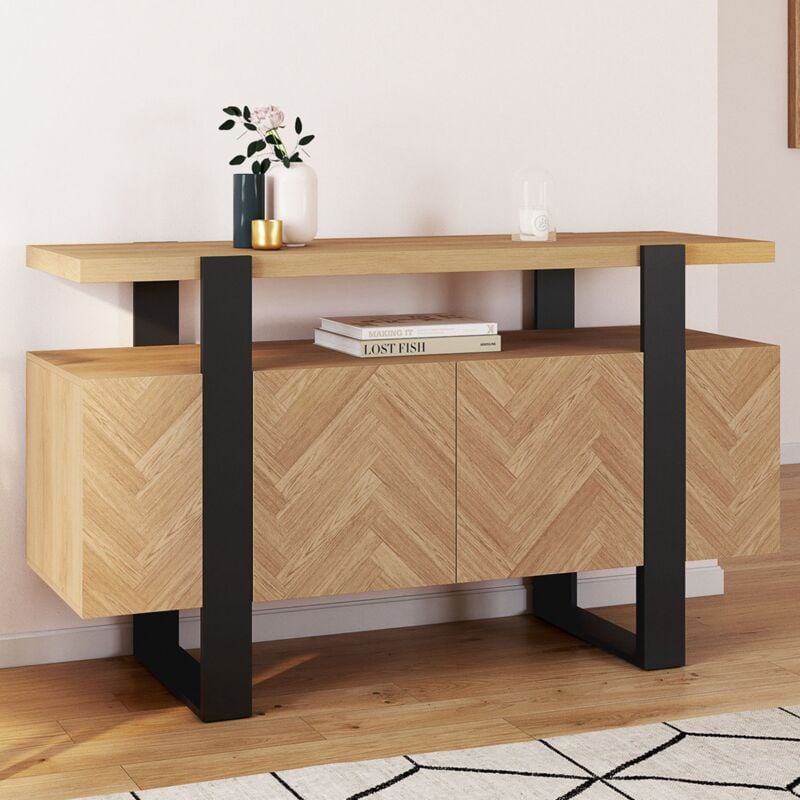 foto del prodotto credenza cassius a 4 ante da 140 cm, effetto spina di pesce, nera