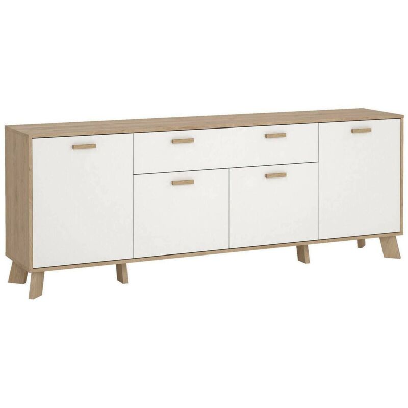 foto del prodotto credenza claribel, buffet da soggiorno, madia da salotto, dispensa da cucina, 196x39 h73 cm, rovere e bianco dmora
