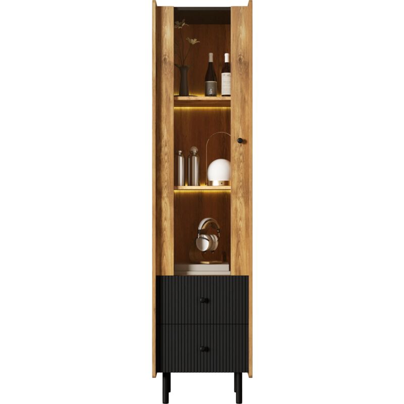 foto del prodotto credenza, colonna in venature del legno nero 180 x 44 x 40 cm con anta in vetro, illuminazione led gialla, 2 cassetti