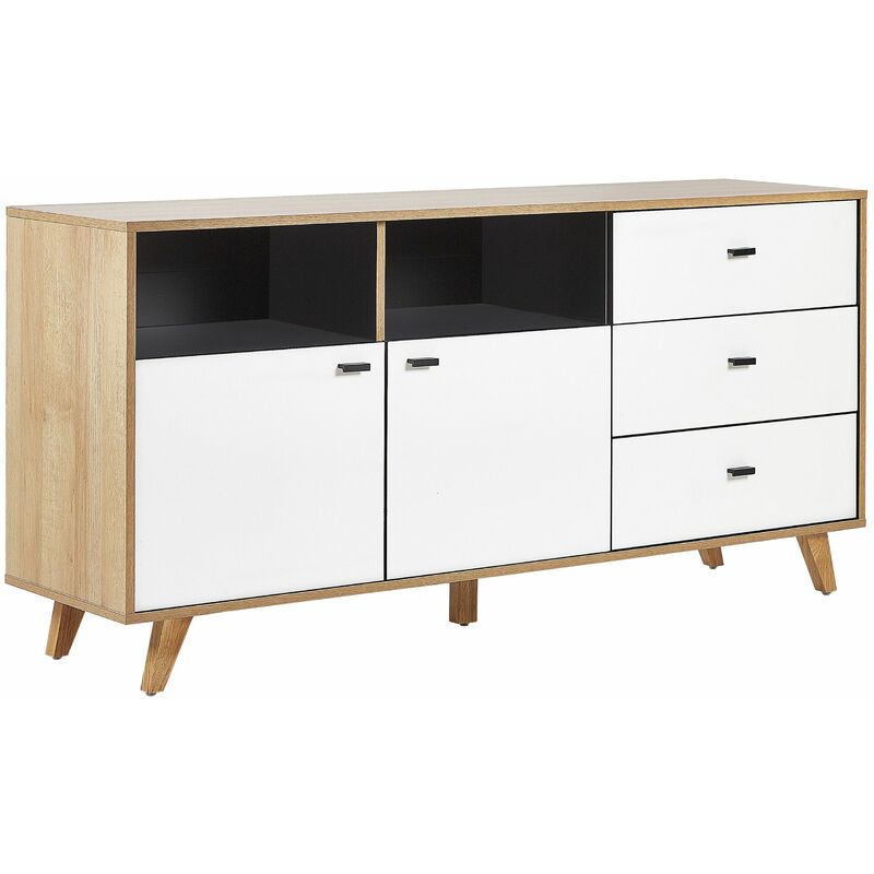 foto del prodotto credenza colore legno chiaro e bianco 3 cassetti stile scandinavo ilion