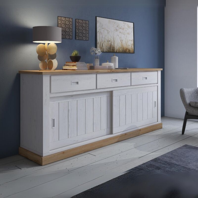 foto del prodotto credenza colore pino bianco e rovere wotan 3 cassetti e 2 ante scorrevoli anthony67070 219,6x49,8x95h stile shabby