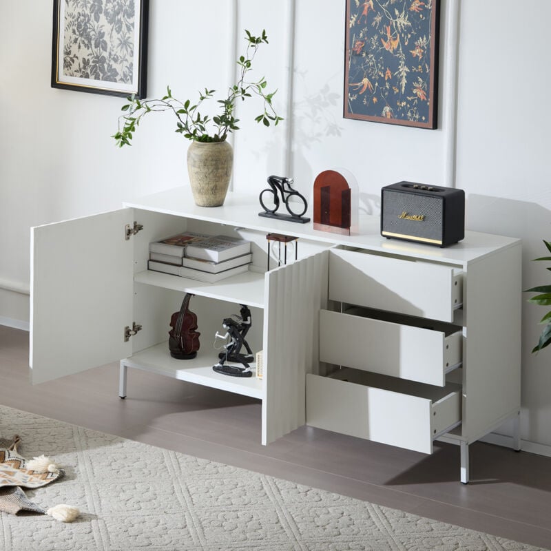 foto del prodotto credenza commensale ripostiglio, buffet 2 ante 3 cassetti, ripiani regolabili, motivo a onda, 150x40x79cm, bianco