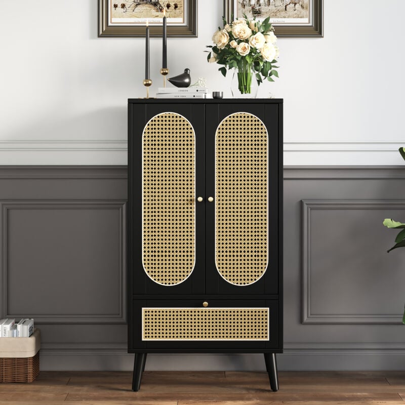 foto del prodotto credenza compatta 1,1 m , design in rattan, nero, 2 ante, 1 cassetto, credenza alta, mobile per sala da pranzo, libreria, soluzioni di