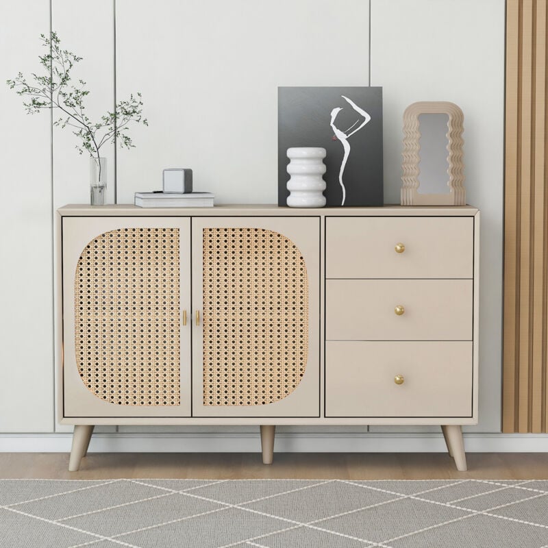 foto del prodotto credenza con 2 ante 3 cassetti, pannelli delle ante in rattan, legno grezzo naturale 120 x 40 x 82 cm naturale