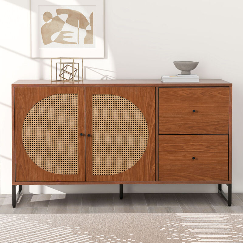 foto del prodotto credenza con 2 ante decorate in rattan e 2 cassetti cassettiera mobile da cucina, mobile multiuso, credenza con maniglie in metallo, per camere da