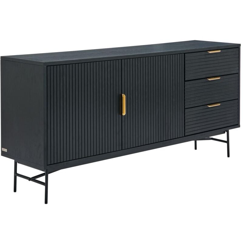 foto del prodotto credenza con 2 ante e 3 cassetti placcatura rovere e metallo nero e dorato siriola