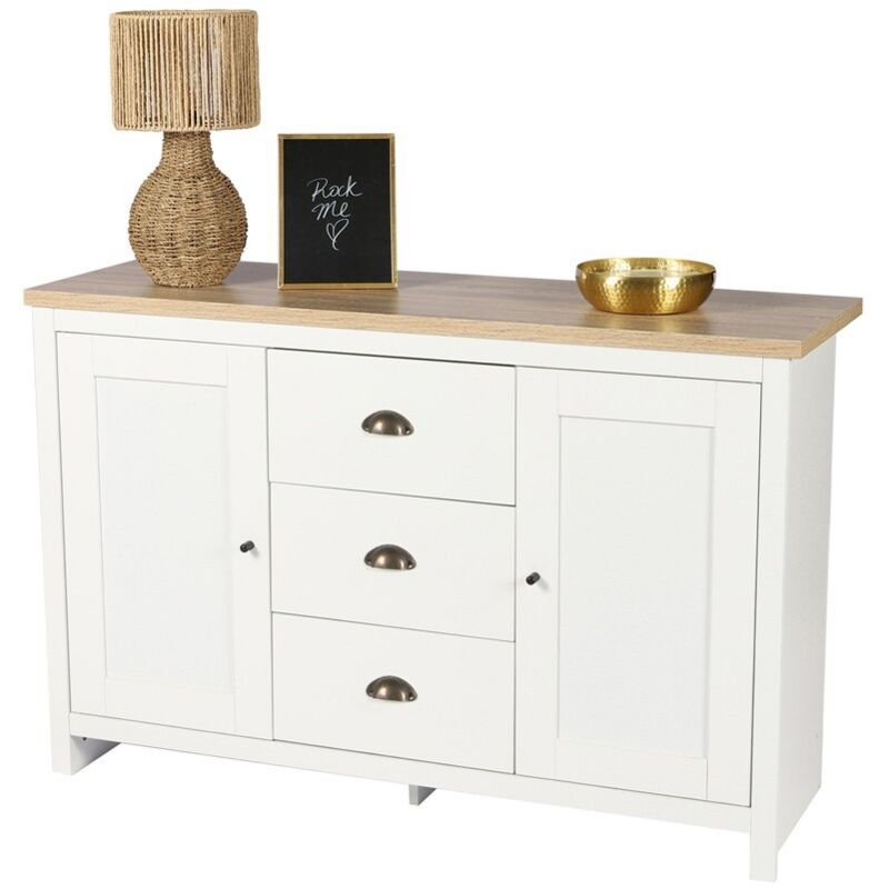 foto del prodotto credenza con 2 porte e 3 cassetti in stile coloniale 119x39,5xh77 cm, colore bianco e piano in rovere chiaro collezione madera