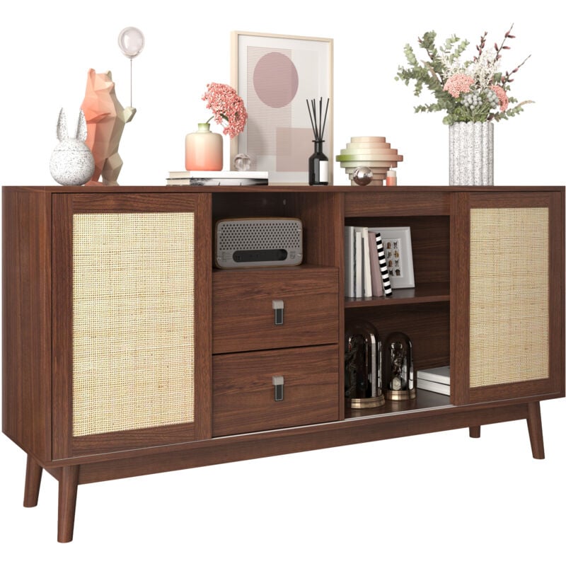 foto del prodotto credenza con 3 ante scorrevoli in vero rattan e 2 cassetti, 155x38x80 cm, traspirante, stabile e versatile