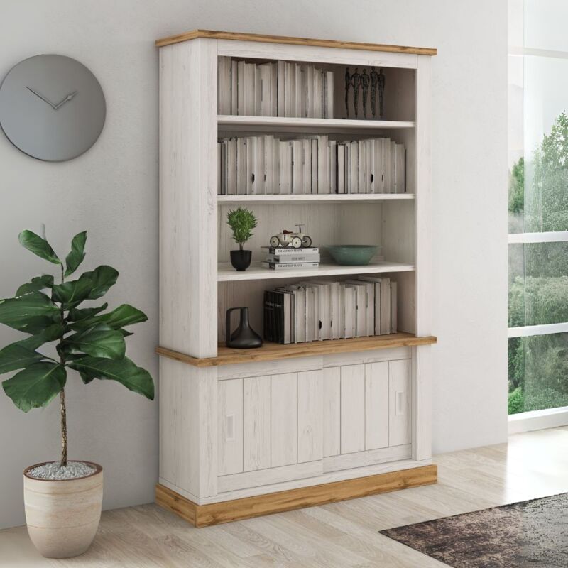 foto del prodotto credenza con 3 ripiani e 2 ante scorrevoli colore pino bianco e rovere 121,1x196h cm anthony iii