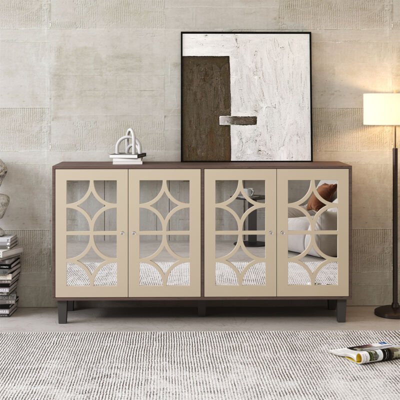 foto del prodotto credenza con 4 ante a specchio, maniglie in cristallo, ripiani regolabili, per soggiorno e sala da pranzo, 160l x 40w x 85hcm, marrone