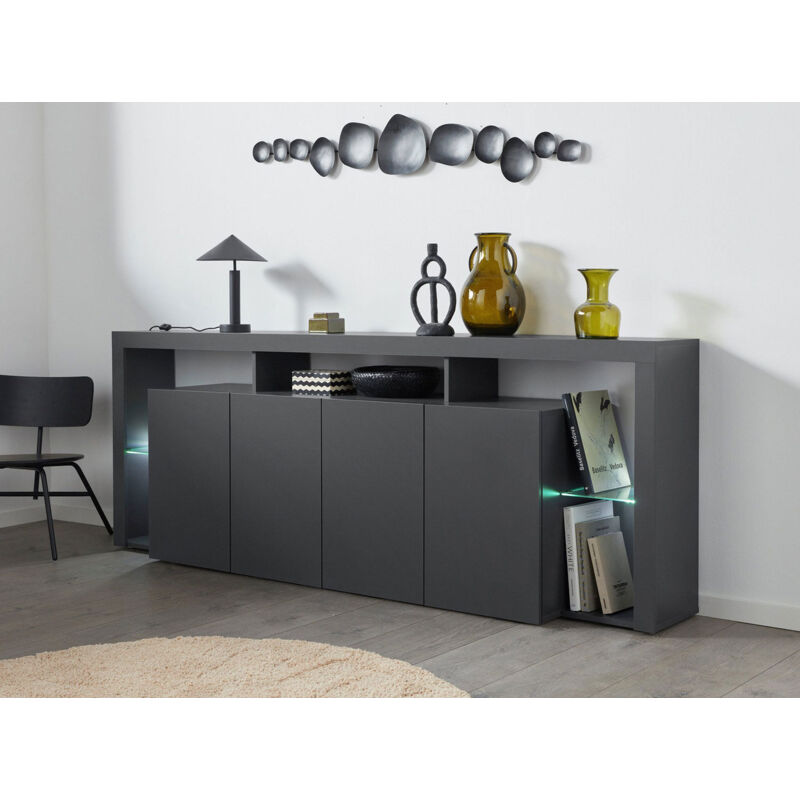 foto del prodotto credenza con 4 ante e ripiani in vetro a giorno 220x40x80 cm essential 3a grigio antracite opaco