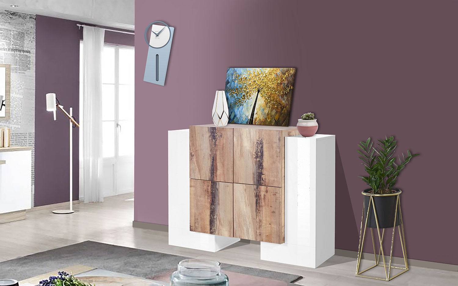 foto del prodotto credenza con 6 ante 130x45x100 cm pillon high 2a 4a bianco lucido acero pereira