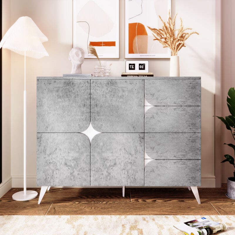 foto del prodotto credenza con cassetti, cassettiera con particolare forma a pannello, colori misti