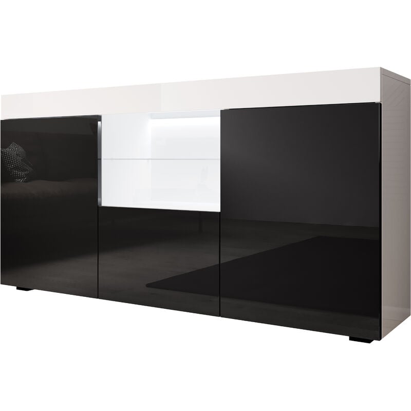 foto del prodotto credenza con led madia moderna mobile soggiorno sala da pranzo 135x73x34cm modello sefora bianco e nero finitura lucida