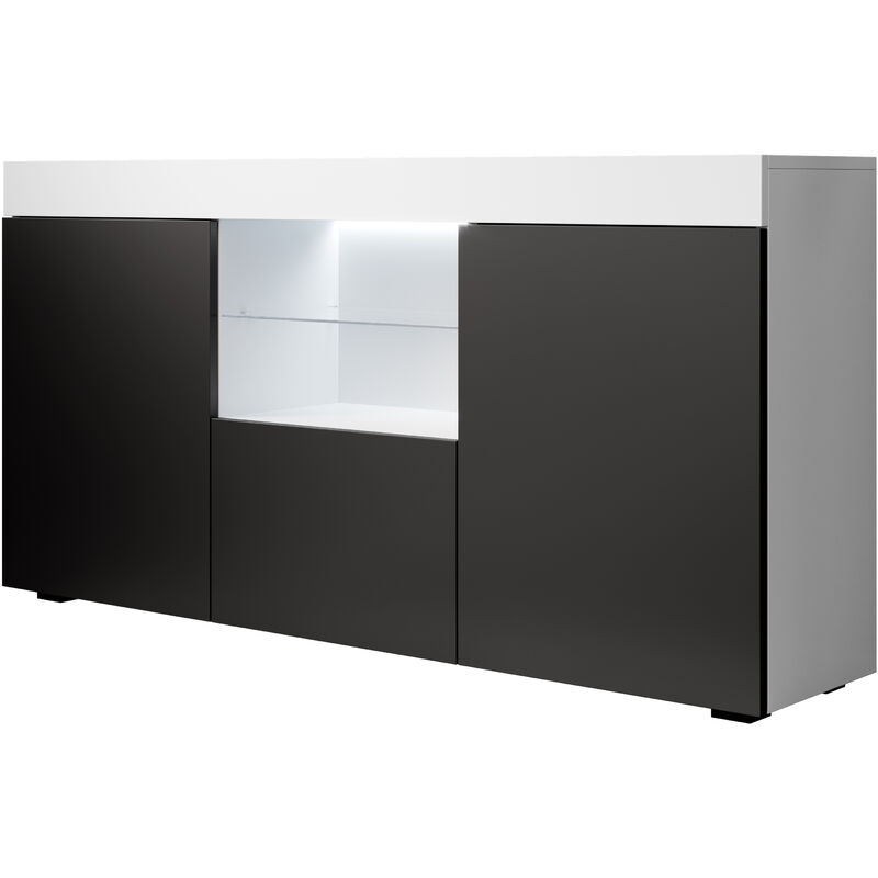 foto del prodotto credenza con led madia moderna mobile soggiorno sala da pranzo 135x73x34cm modello sefora bianco e nero finitura opaca